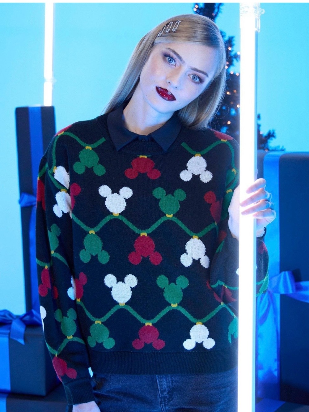 Her Universe Black Holiday Pattern Sweater with Red, Green & White Motif
